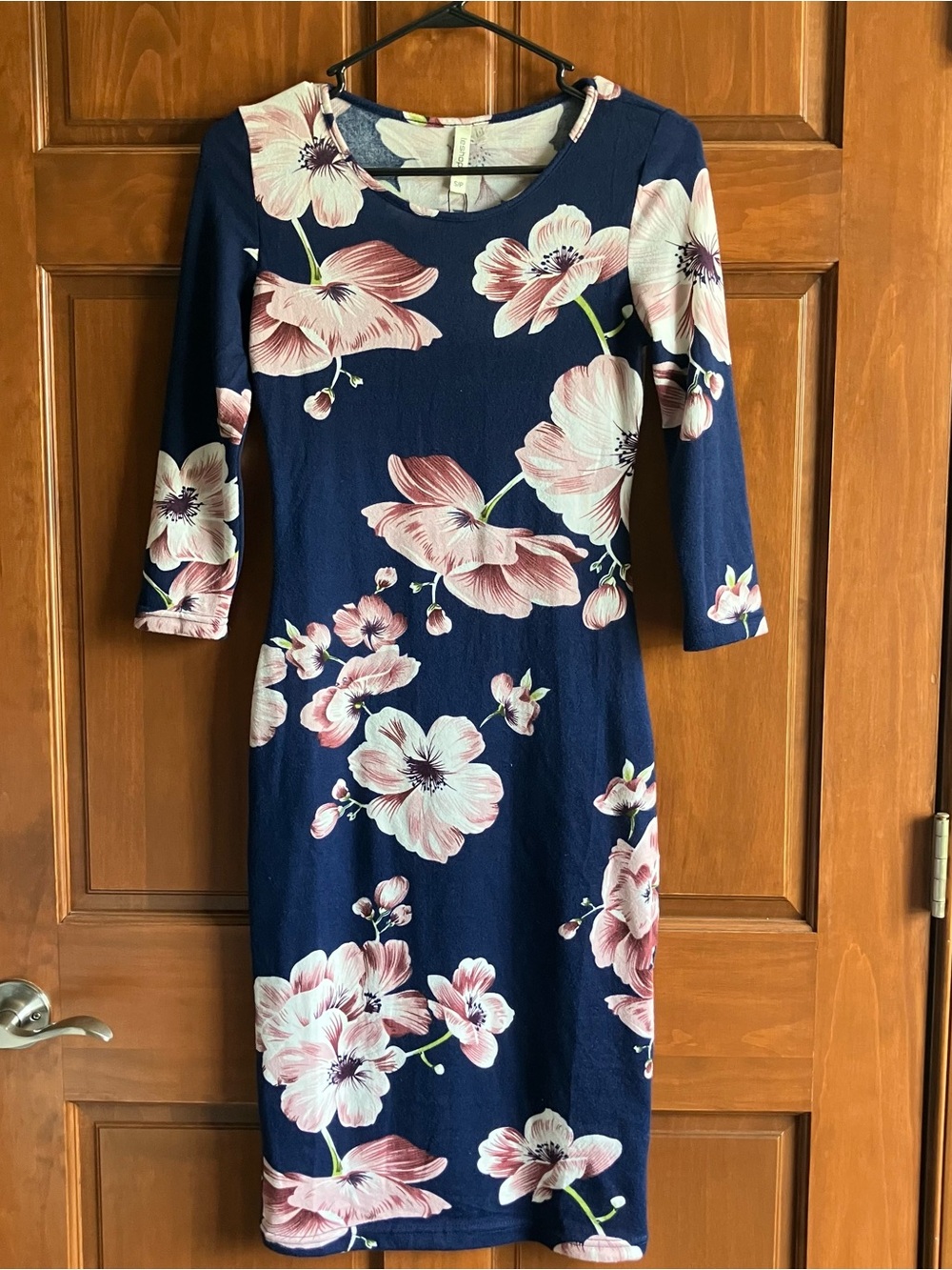 leshop Navy Midi Dress with Pink Floral Print